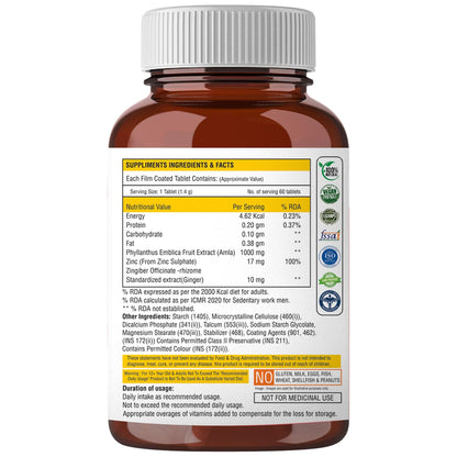 THE BODY RESERVE Vitamin C Tablets with Amla Extract, Zinc & Ginger | 60 Tablets | Daily Dietary Supplement