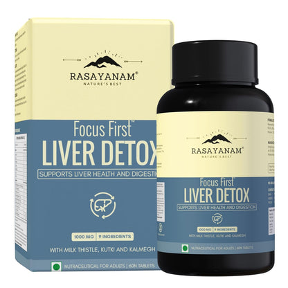 Rasayanam Liver Detox Supplement 1000mg | Milk Thistle and NAC | 80% Silymarin | Added herbs like Kutki, Kalmegh, Turmeric, Dandelion, Zinc & more | Supports Detox, Digestion, Energy & Daily Liver Wellness - 60 Tablets