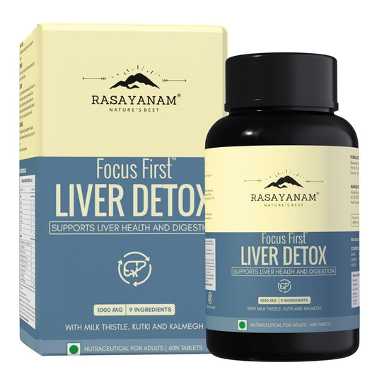 Rasayanam Liver Detox Supplement 1000mg | Milk Thistle and NAC | 80% Silymarin | Added herbs like Kutki, Kalmegh, Turmeric, Dandelion, Zinc & more | Supports Detox, Digestion, Energy & Daily Liver Wellness - 60 Tablets