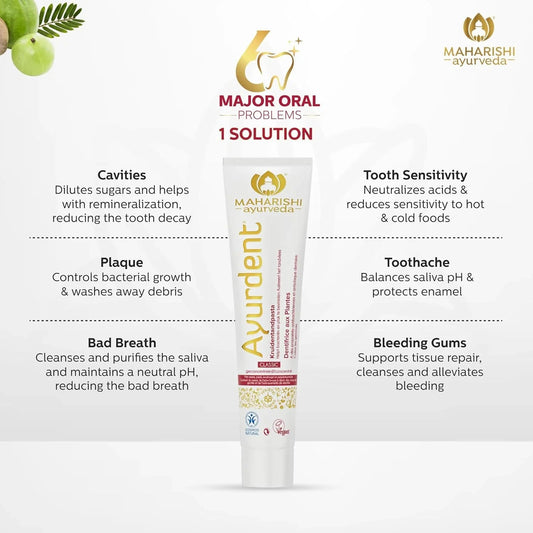 Maharishi Ayurveda Ayurdent Toothpaste, Unique Saliva Balancing Formula, for Toothache, Bleeding Gums, Sensitivity, Cavities, Plaque & Bad breath, Non Foaming, No SLS & Fluoride