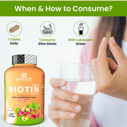 NATURYZ 100% Plant Based Biotin Tablets with High Protein Vitamin DHT Omega 3 for Strong Hairs,Nails Growth & Glowing Skin - 60 Tablets, 100 grams