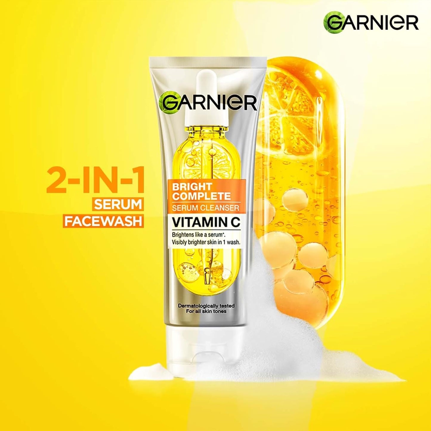 Garnier Vitamin C + Serum Face Wash | Visibly Brighter Skin in Just 1 Wash | Gentle cleanser for Skin Brightening & Tan Removal | For dry, oily, sensitive skin | Facewash for Women & Men | 100gm