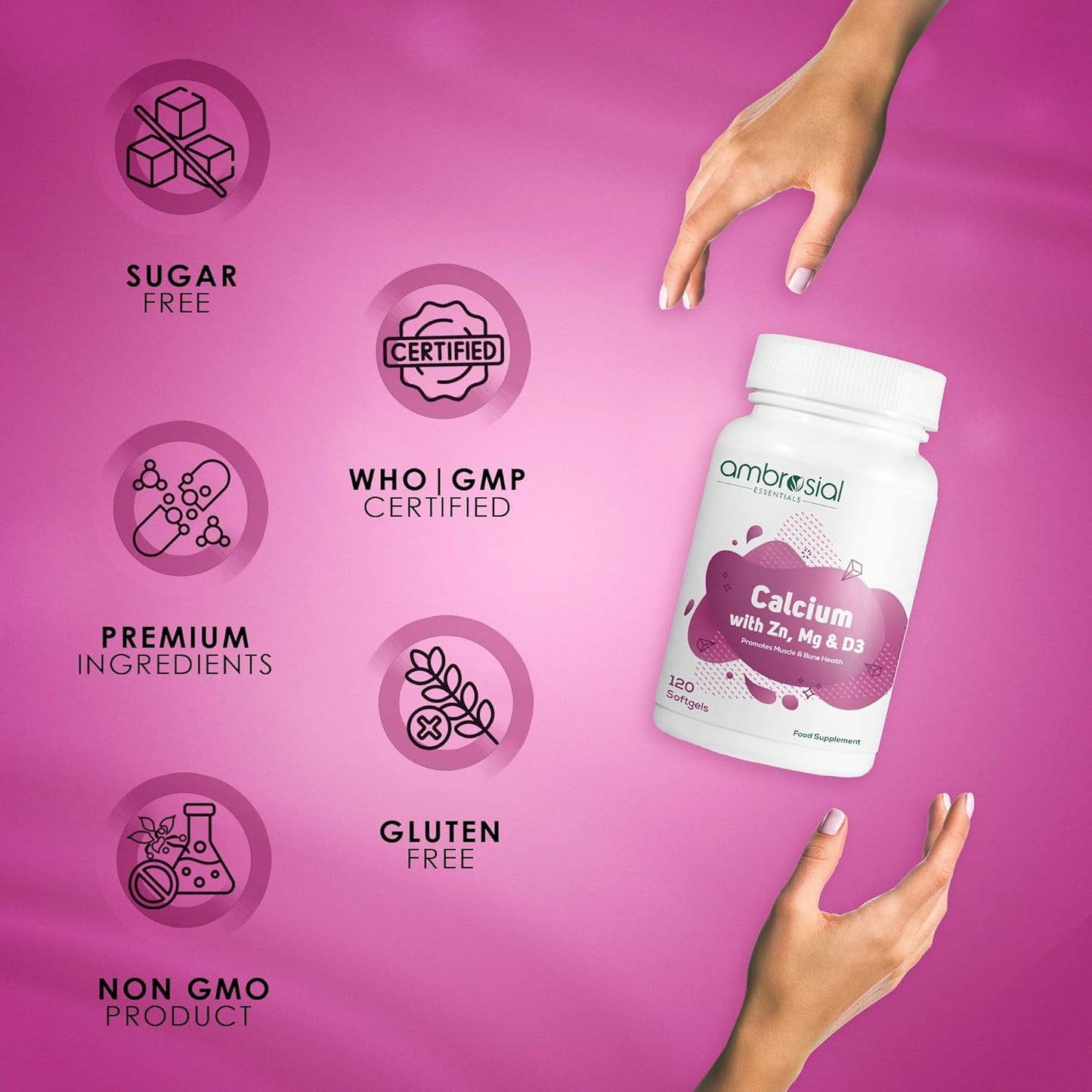 Ambrosial Calcium Magnesium Zinc & Vitamin D3| High Potency Calcium Tablets for Women & Men for Healthy Bones, Muscles & Teeth| Premium Calcium Supplements (Pack of 1-120 Softgels)