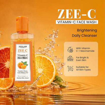 Zeelab ZEE-C Vitamin C Face Wash 200ml | Brightening Face Cleanser with Niacinamide, Aloe Vera, Licorice & Mulberry Extract | Helps Reduce Dullness, Dark Spots & Excess Oil | Gentle Daily Face Wash for Oily, Normal & Combination Skin