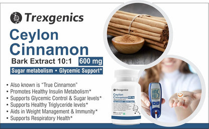Trexgenics CEYLON TRUE CINNAMON 600 mg Diabetic Care, Sugar Level Support VEGAN & NON-GMO (60 Veg. Capsules) (Pack of 1)