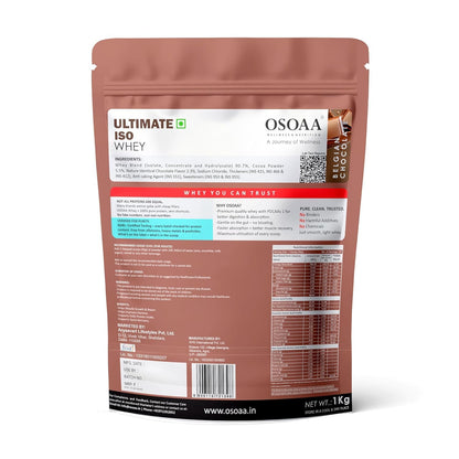 OSOAA Ultimate ISO Impact Whey Protein - 1kg, Belgian Chocolate | 26g Protein, 7g BCAA | Tri-Blend: Isolate, Concentrate & Hydrolysate | Trustified Certified & Batchwise NABL Lab Tested | Unbox Health A Rated | No Adulteration