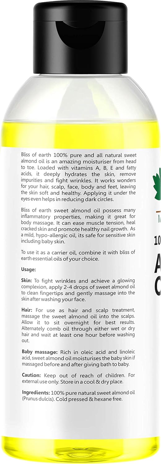 Bliss of Earthï¿½ 100% Pure & Natural Sweet Almond Oil (Coldpressed & Unrefined) Extracted From Whole Almond Kernels (100ML)