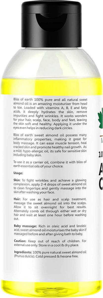 Bliss of Earthï¿½ 100% Pure & Natural Sweet Almond Oil (Coldpressed & Unrefined) Extracted From Whole Almond Kernels (100ML)