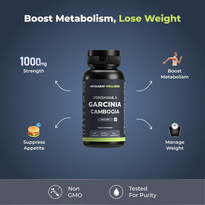 Nutrabay Wellness Garcinia Cambogia Extract for Weight Management, 100% Vegetarian & Natural Fat Burner for Men & Women - 1000mg, 60 Veg Capsules