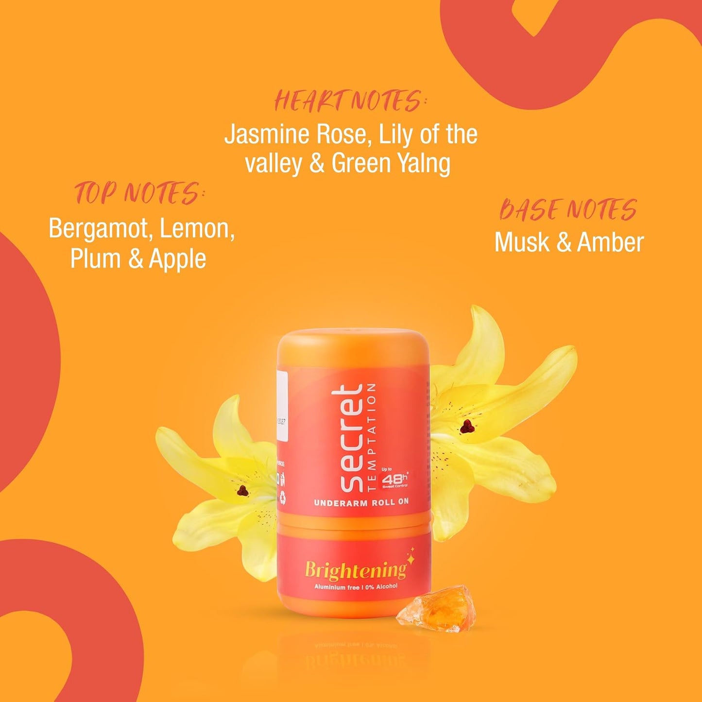 Secret Temptation Brightening Antiperspirant Non Sticky Roll On Deodorant Stick For Women, Reduce Underarm Darkness, Brightens & Evens Out Skin Tone, Zinc Oxide & Niacinamide, 50ml