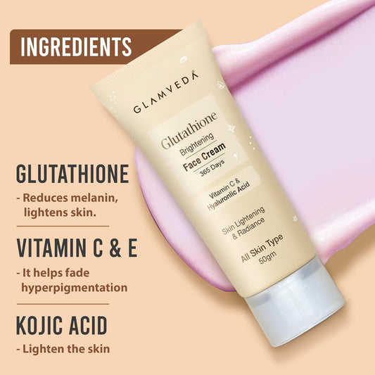 Glamveda Glutathione Face Cream For Skin Brightening | with Vitamin C & Hyaluronlic Acid For Clear & Glowing Skin | Reduce Dark Spots, Hyperpigmentation | Whitening Cream For All Skin Type 50 gm