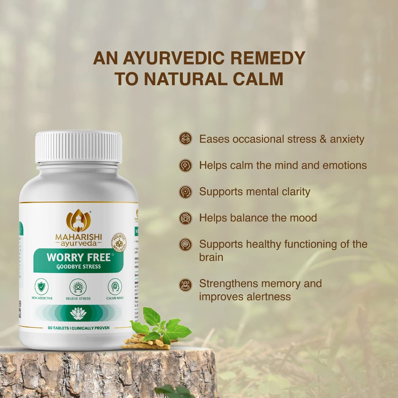 Maharishi Ayurveda Ashwagandha Worry Free Ayurvedic Tablets, Help Keeps The Mind And Body Calm And Relaxed Non Addictive 60 Tablets