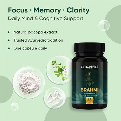 Ambrosial Brahmi 500 mg EACH Bacopa Monnieri Capsules (Pack of 1-60 Capsules)