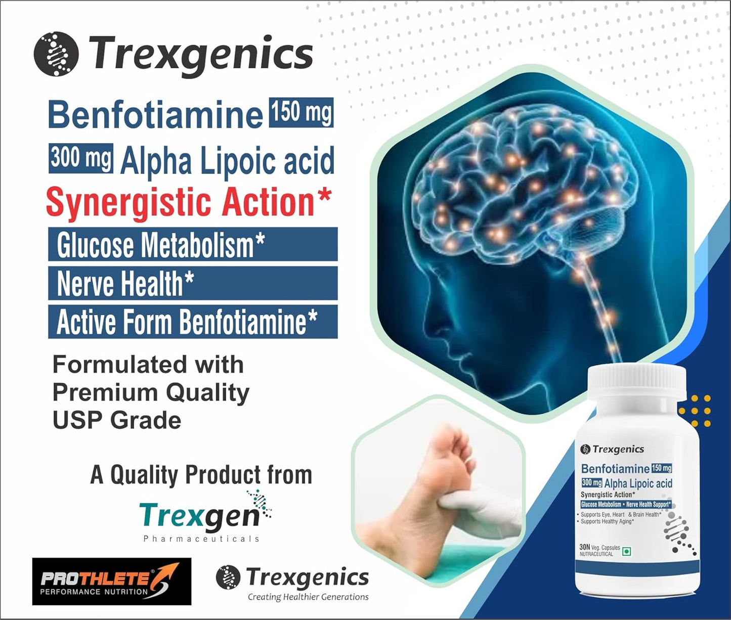 Trexgenics BENFOTIAMINE 150 mg + ALPHA LIPOIC ACID 300 mg +15 mg L-Leucine Glucose Metabolism & Nerve Health VEGAN & NON-GMO (30 Veg. Capsules) (Pack of 1)