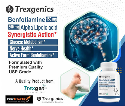 Trexgenics BENFOTIAMINE 150 mg + ALPHA LIPOIC ACID 300 mg +15 mg L-Leucine Glucose Metabolism & Nerve Health VEGAN & NON-GMO (30 Veg. Capsules) (Pack of 1)
