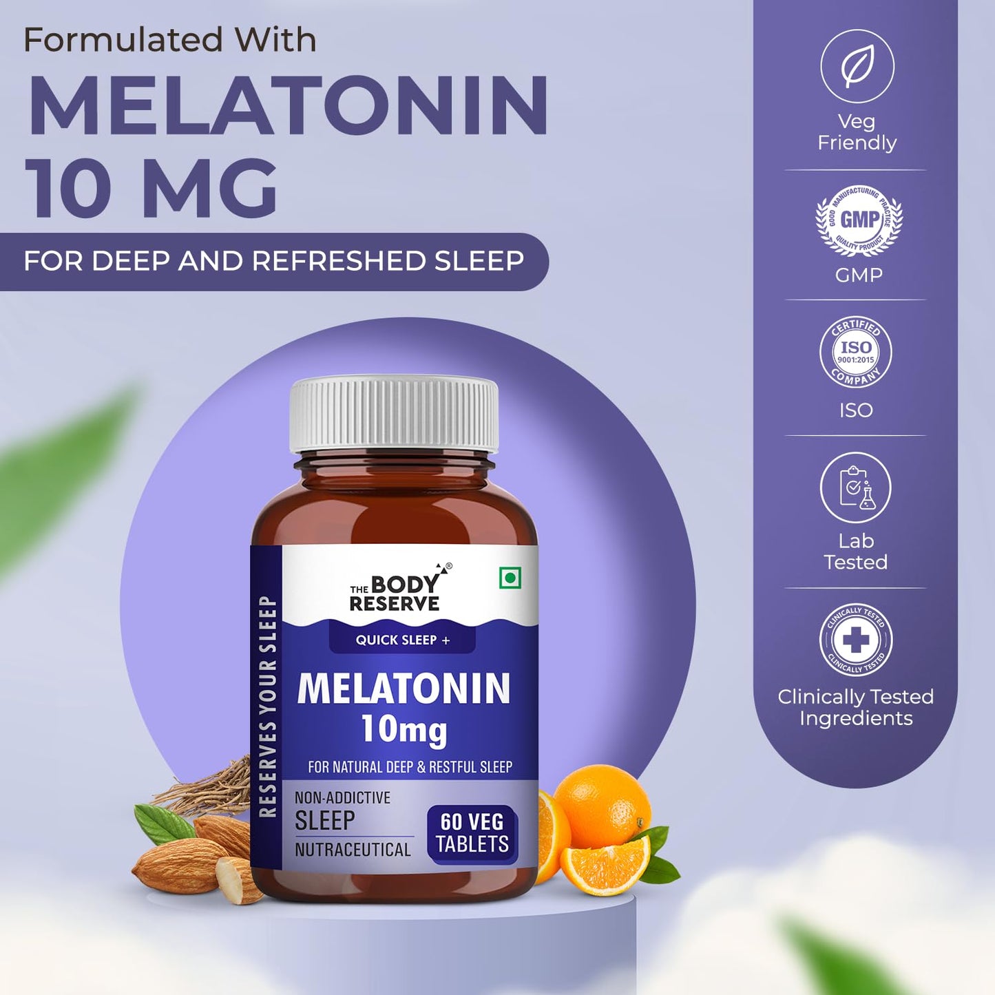 The Body Reserve Melatonin 10mg - 60 Veg Tablets for Sleep Support, Nerve Relaxation, and Stress Relief - Non-Habit Forming for Men & Women