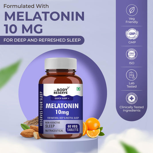 The Body Reserve Melatonin 10mg - 60 Veg Tablets for Sleep Support, Nerve Relaxation, and Stress Relief - Non-Habit Forming for Men & Women