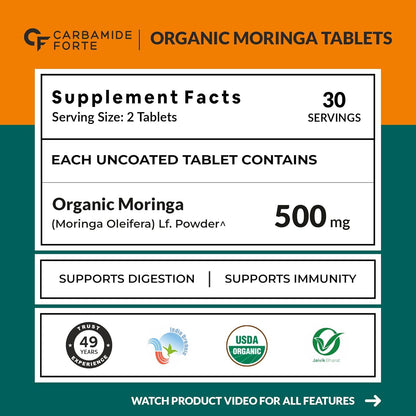 Carbamide Forte Organic Moringa Tablet with 1000mg Leaves Extract | Moringa Powder Tablets for Immunity, Digestion & Energy | Tablets 60