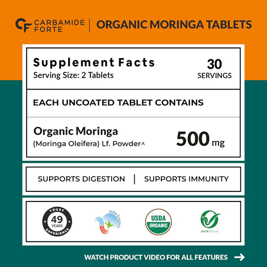 Carbamide Forte Organic Moringa Tablet with 1000mg Leaves Extract | Moringa Powder Tablets for Immunity, Digestion & Energy | Tablets 60