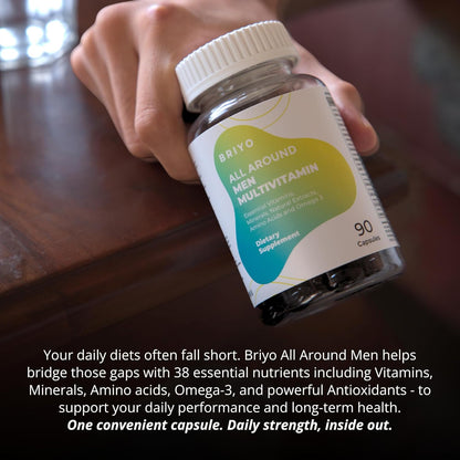 Briyo Menâ€™s Multivitamin All Around Men Multivitamin- 38 nutrients in 1 conveniently sized capsule (Vitamins, Minerals, Natural extracts, Amino acids & more) Overall Health and Immune Support
