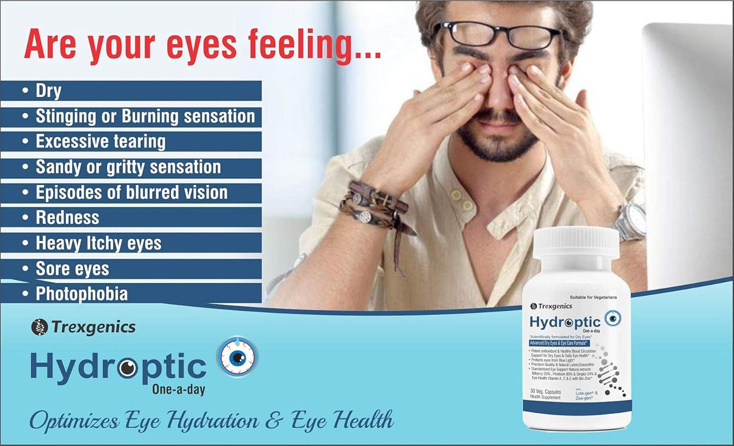 TrexgenicsÂ® HYDROPTIC Advanced Dry Eyes & Eye Care One-a-day Vegetarian formula with Lutein, Zeaxanthin, Bilberry, Gingko, Pine Bark, Vitamin C, Zinc &Vitamin A (30 Vcaps) (1)