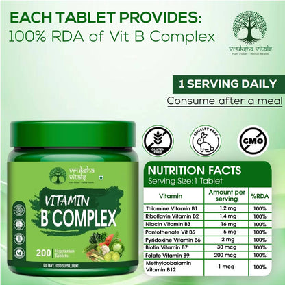 Vruksha Vitals Vitamin B Complex 100% RDA - 200 Tablets/Capsules - B Vitamins Supplement (B1, B2, B3, B5, B6, B7, B9, B12) (With Mecobalamine)