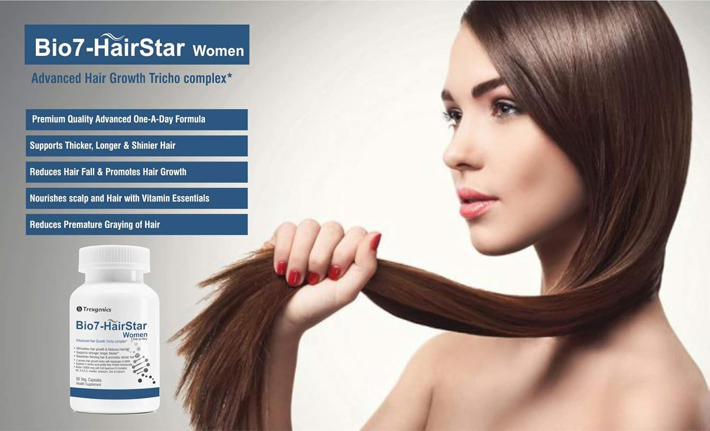 Trexgenics BIO7-HAIRSTAR WOMEN Advanced Hair Support Tricho Complex, ONE-A-DAY Vegatarian, Gluten Free(60 Veg. Capsules) (Pack of 1)