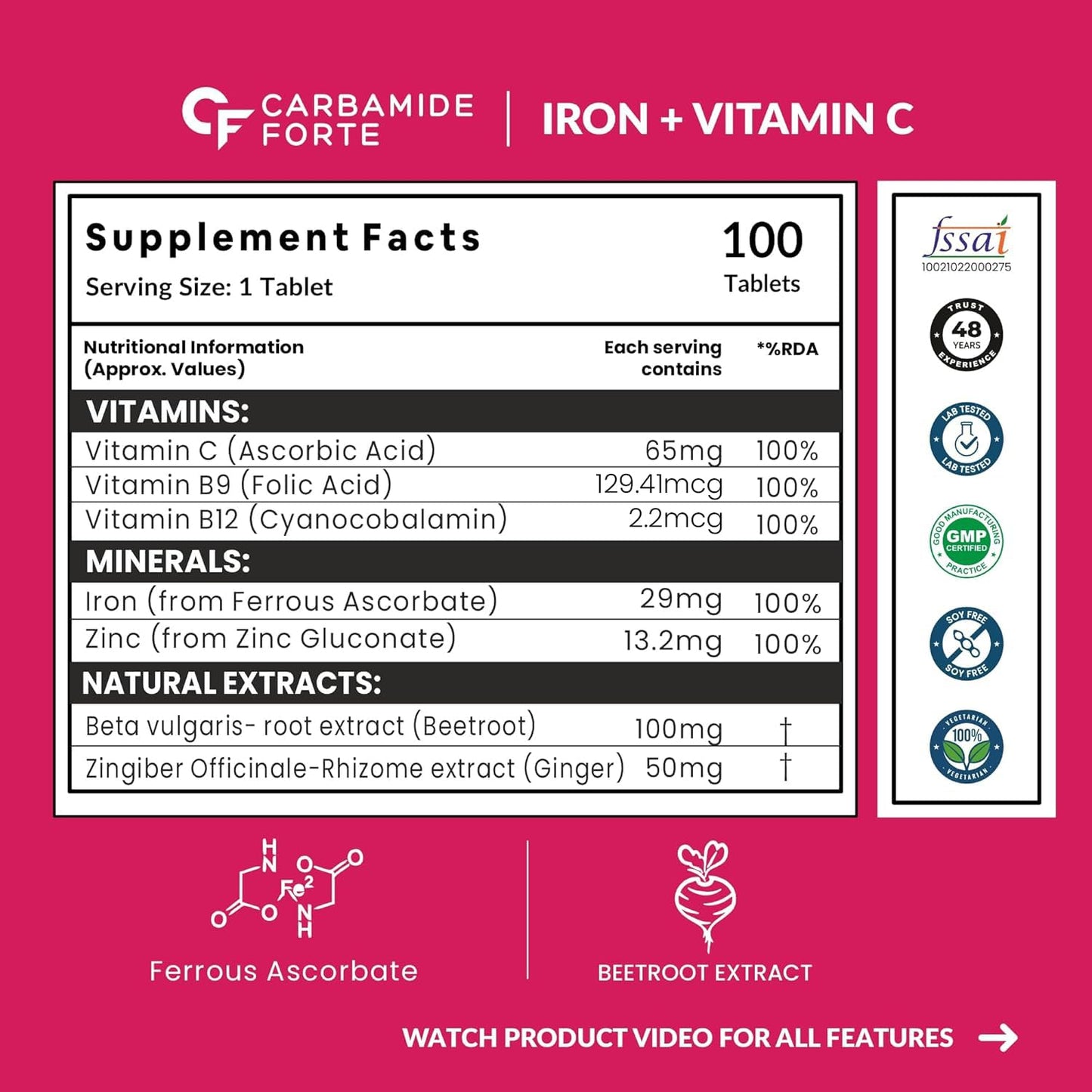 Carbamide Forte Iron Supplement for Women & Men | Folic Acid Tablets with Vitamin C, B12, Zinc | 100 Veg Iron Tablets for Women & Men