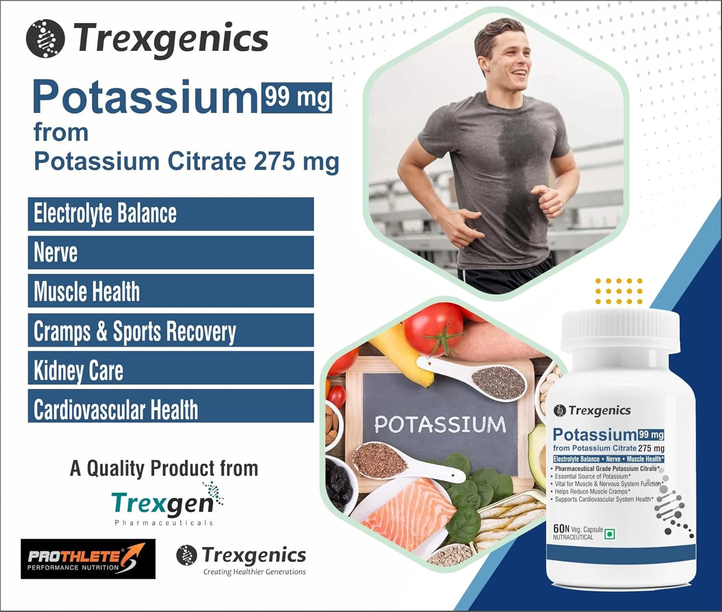 Trexgenics POTASSIUM CITRATE (K 99) 275 mg Electrolyte Balance, Nerve & Muscle Health VEGAN & NON-GMO (60 Vcaps) (Pack of 1)