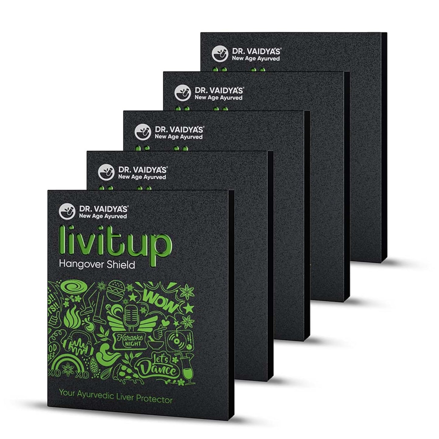 Dr. Vaidya's Livitup | Hangover Shield & Liver Protector | Helps Prevent Acidity, Nausea & Headache | Kalmegh Ghan & Arogyavardhini Rasa | (6 Capsules) Pack Of 5