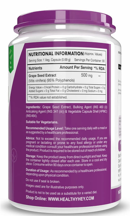 HealthyHey Nutrition Grape Seed Extract | Maximum Strength | 95% Polyphenols | 3 Month Supply | 90 Veggie Caps | (Pack of 1)