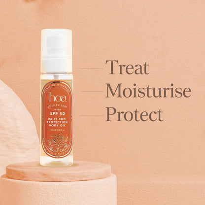 Body Oil with SPF 50 - Sun Protection Body Oil for Daily Use | House of Ayurveda Golden Leaf Lightweight UV Protection Oil | Fast-Absorbing, Non-Sticky | All Skin Types | Paraben-Free, Cruelty-Free | 100ml