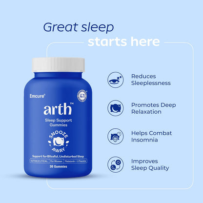 Arth Sleep Support Gummies|Promotes deep relaxation, Improves sleep quality, Helps with Insomnia|Melatonin 5mg, L-Theanine | Emcure Pharmaceuticals Ltd. | 30 Gummies