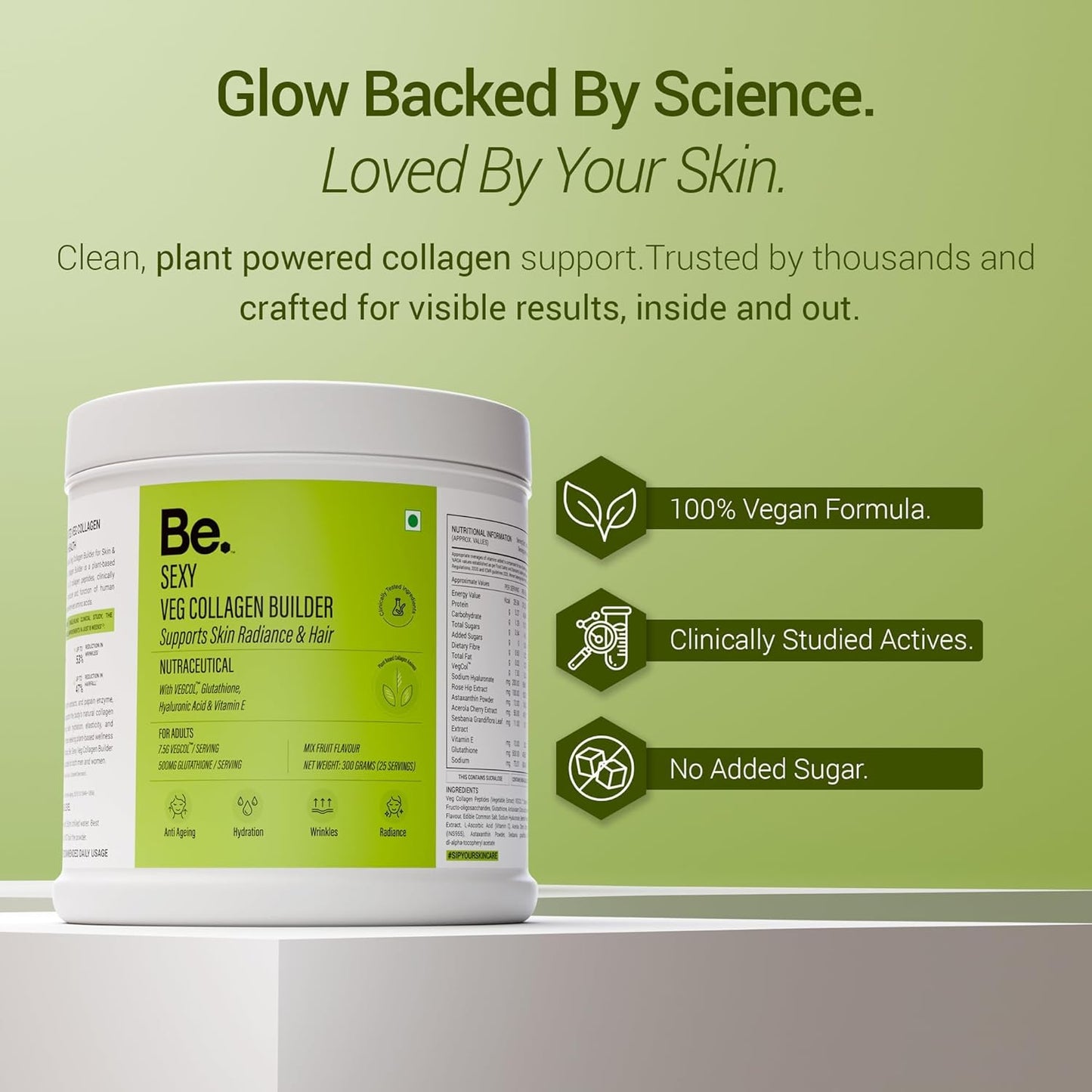 Be. Veg Collagen Powder for Women & Men | Plant-Based Supplement with VegCol, Glutathione, Hyaluronic Acid & Vitamin E | Vegan Builder for Skin Glow, Hydration, Hair & Nail Health | Mix-Fruit Flavour | 300 g