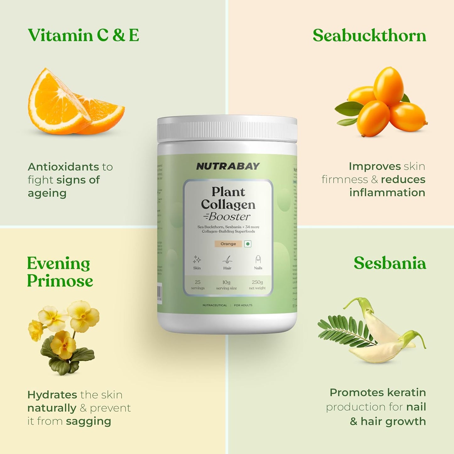Nutrabay Collagen Booster Plant-Based Collagen Builder for Skin, Hair, Joints & Nails with Vitamin C & E â€“ 250g, Orange Flavor | Tested for Purity | Non GMO