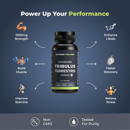 Nutrabay Wellness Tribulus Terrestries (Gokshura) - Natural Support for Energy, Performance & Stamina & Muscle Growth - 1000mg, 60 Veg Capsules