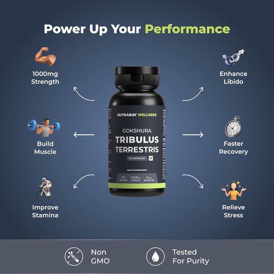 Nutrabay Wellness Tribulus Terrestries (Gokshura) - Natural Support for Energy, Performance & Stamina & Muscle Growth - 1000mg, 60 Veg Capsules