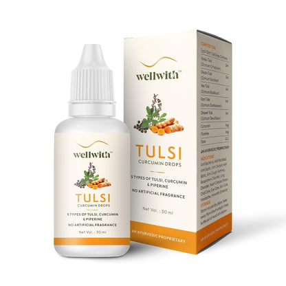 Wellwith by Ayuzera Tulsi Curcumin Drops, 5 Types of Tulsi, Curcumin & Piperine, No Artificial Fragnance (30ml, Pack of 1)