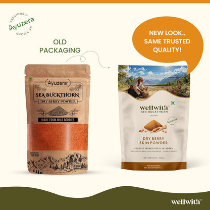 Wellwith by Ayuzera Sea buckthorn Berry Skin Powder 100g | Rich in Vitamin C | No oil | Edible | Fiber, Omegas | Dry Seabuckthorn Himalayan Berry Powder | Pack of 1