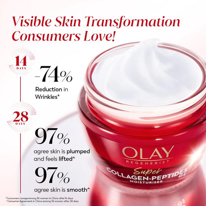 Olay Cream Regenerist Super Collagen Peptides Moisturizer For Firmer & Lifted Skin, Visibly Reduces 5 Signs Of Ageing, Luxuriously Soft Texture, All Skin Types Including Sensitive Skin, 45Gm