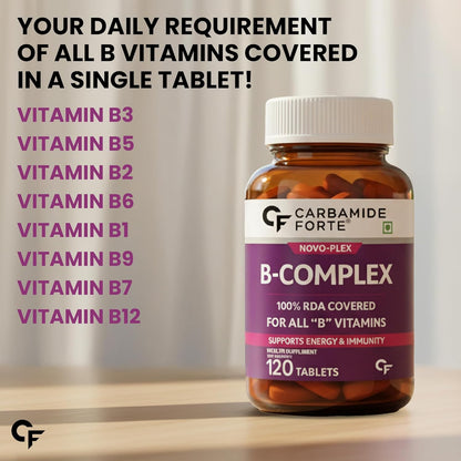 Carbamide Forte Vitamin B-Complex Tablets - 100% RDA for B Vitamins with B1, B2, B3, B5, B6, B9 & Vitamin B12 | Vitamin B Complex Supplements for Women & Men - 120 Vegetarian Tablets