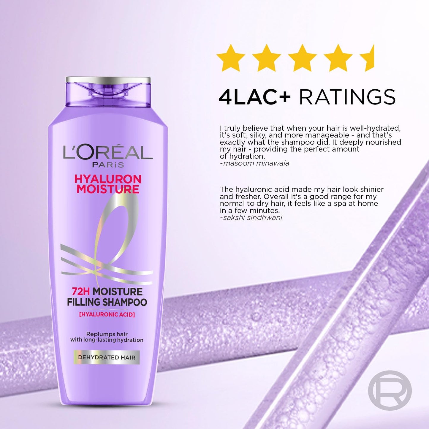 L OrÃ©al Paris Moisture Filling Shampoo, With Hyaluronic Acid, For Dry & Dehydrated Hair, Adds Shine & Bounce, Hyaluron Moisture 72H, 340Ml.