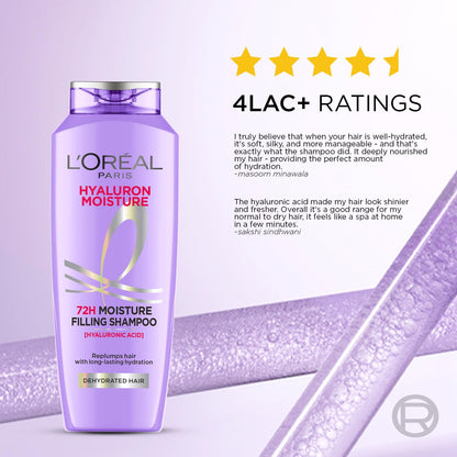 L OrÃ©al Paris Moisture Filling Shampoo, With Hyaluronic Acid, For Dry & Dehydrated Hair, Adds Shine & Bounce, Hyaluron Moisture 72H, 340Ml.