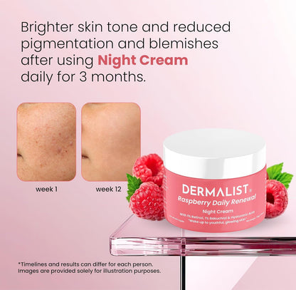 Dermalist Raspberry Daily Renewal 1% Retinol & 1% Bakuchi Oil Anti Ageing Night Cream | Reduces Fine Line & Wrinkles | For Men & Women | 50 G