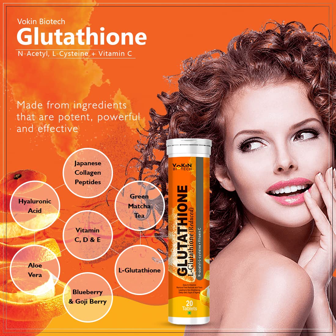 Vokin Biotech L-Glutathione 600mg With N-Acetyl-L-Cysteine 400mg & Vitamin C 40mg Helps for Glowing & Radiant Skin | Dark spots & Tan Removal 20 Effervescent Tablets (20 Tablets)