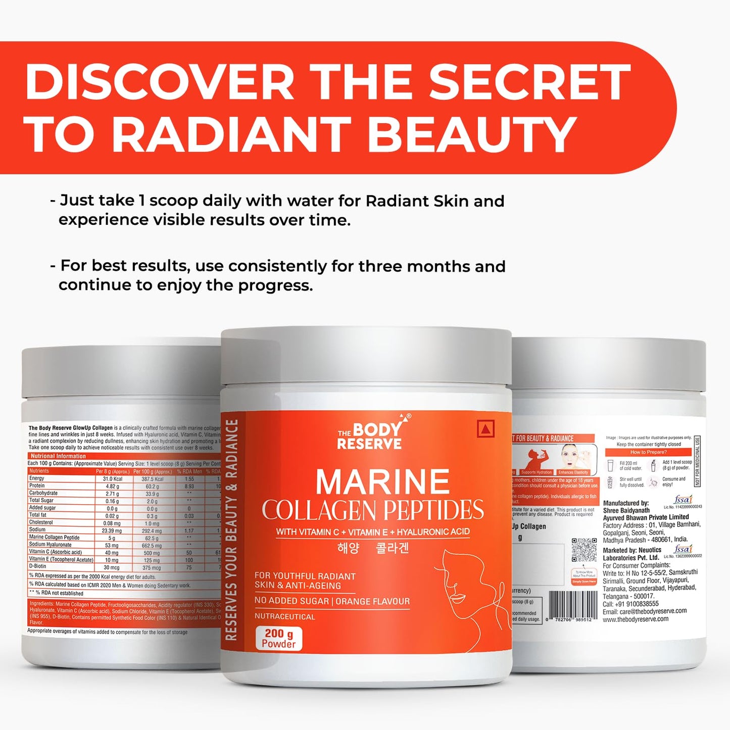 The Body Reserve Marine Collagen Peptides (Orange, 200g) | With Vitamin C, Vitamin E, Sodium Hyaluronate & Biotin | Supplement for Healthy Skin, Hair & Nails | Hydrolyzed Fish Powder for Women & Men