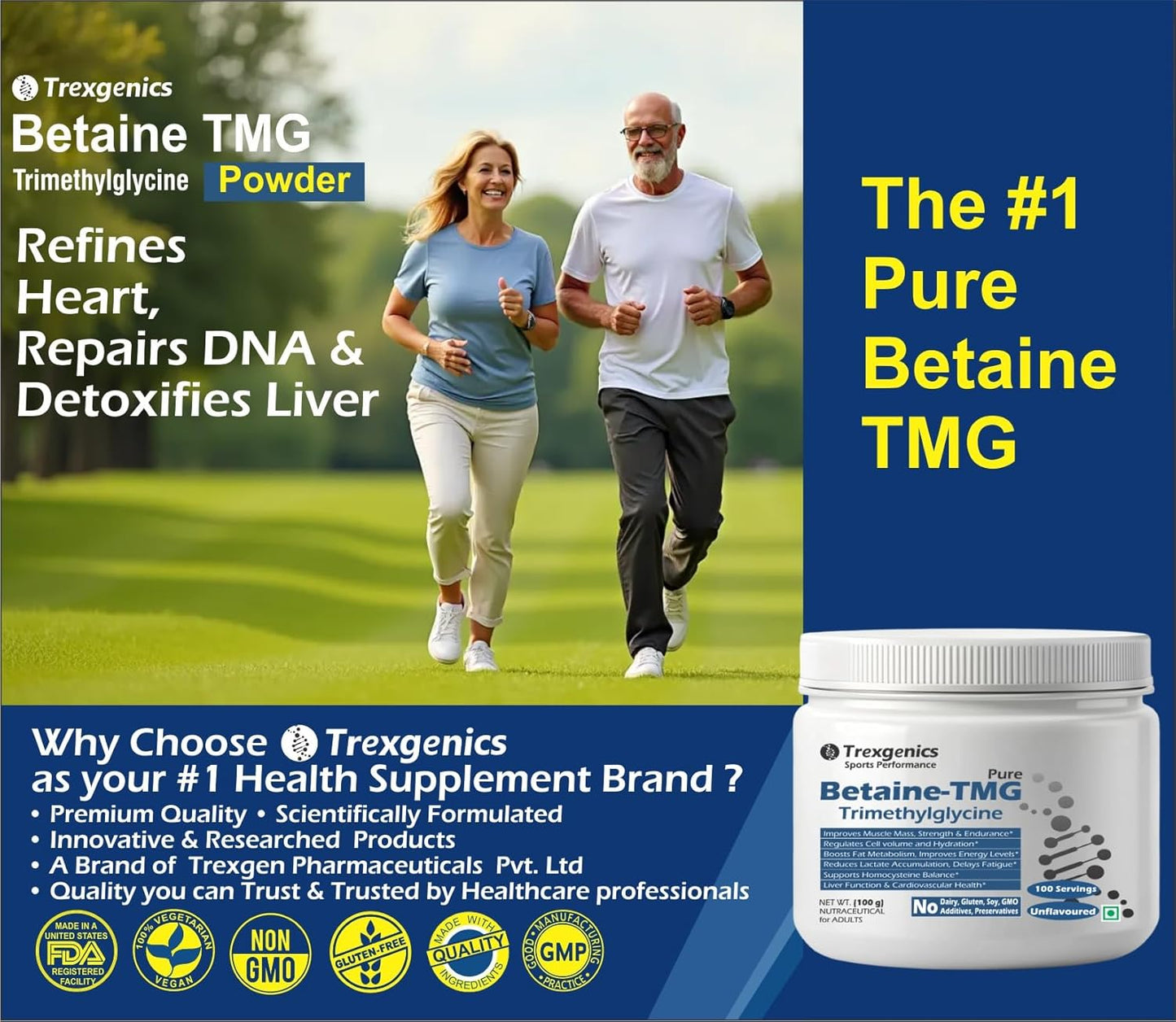 Trexgenics BETAINE-TMG Trimethylglycine Pure Powder - 100 Servings of 1 gram (100 gram)