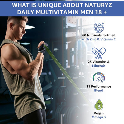 NATURYZ Daily Multivitamin Men 18+ with Highest 60 Nutrients (Vitamins, Minerals, Amino acids, Enzymes, Antioxidants, Herbal Extracts with Omega 3) and 11 Performance Blends for Muscle growth, Strength & Immunity- 60 Tablets
