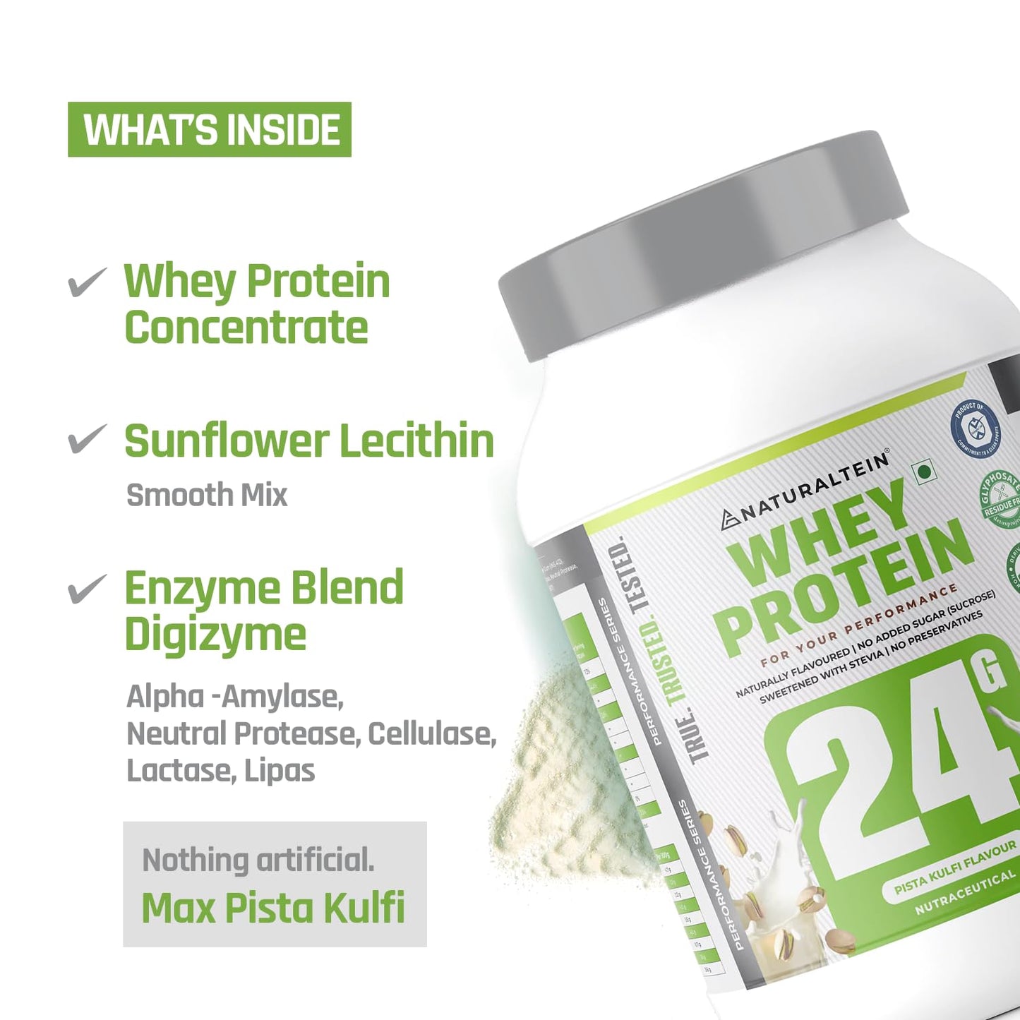 NATURALTEIN Natural Whey Protein â€“ 24g Protein per Serving | Pista Kulfi Flavour | Stevia Sweetened | No Added Sugar | Non-GMO | Soy-Free & Gluten-Free | Super Mixability | 1 kg