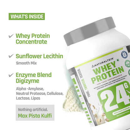 NATURALTEIN Natural Whey Protein â€“ 24g Protein per Serving | Pista Kulfi Flavour | Stevia Sweetened | No Added Sugar | Non-GMO | Soy-Free & Gluten-Free | Super Mixability | 1 kg